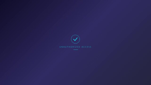 Unauthorized access warning notification displayed on dark purple digital screen with abstract tech design and glowing checkmark symbol for cybersecurity concept