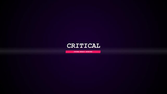 Critical system breach detected text warning on dark digital background with glowing glitch light effect