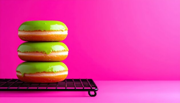 Three Delicious Green Glazed Donuts Stacked on a Cooling Rack Against a Vibrant Pink Background with Ample Copy Space