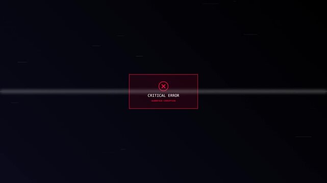 Critical error message displayed on a dark digital screen with glowing red interface elements and subtle glitch scanline effects for cyber security and system failure concepts