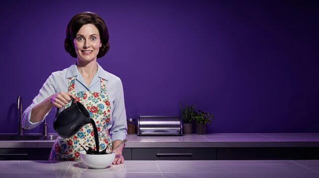 Uncanny Housewife Pouring Black Liquid on Purple Background with Copy Space