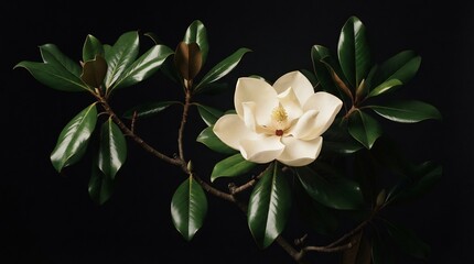 Obraz premium Single white magnolia flower with glossy green leaves on a branch isolated on black background