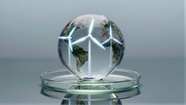 Glass globe with wind turbines symbolizing global renewable energy transition.
