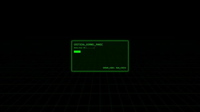 Critical kernel panic error message flashing on a digital computer screen with a green loading progress bar and retro grid background in dark environment