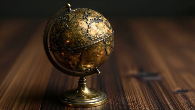 Vintage brass globe rests on wooden table, symbolizing global exploration and knowledge.