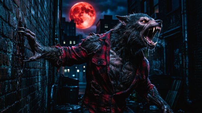 Monstrous werewolf howling in dark city alley under blood moon.