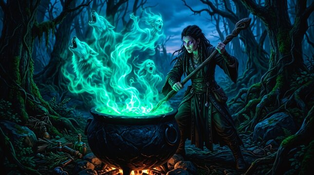 Witch brewing glowing green magic in cauldron inside dark forest.