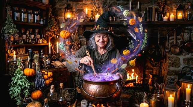 Elderly witch stirring purple glowing cauldron in magic shop.