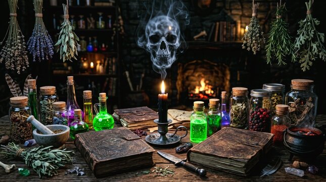 Alchemist workbench with glowing potions skull and herbs