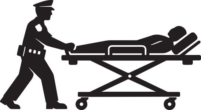 A police officer pushing a patient on a medical stretcher depicted as a minimalist black and white silhouette