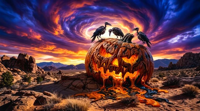 Surreal melting giant pumpkin in desert landscape under stormy sky.