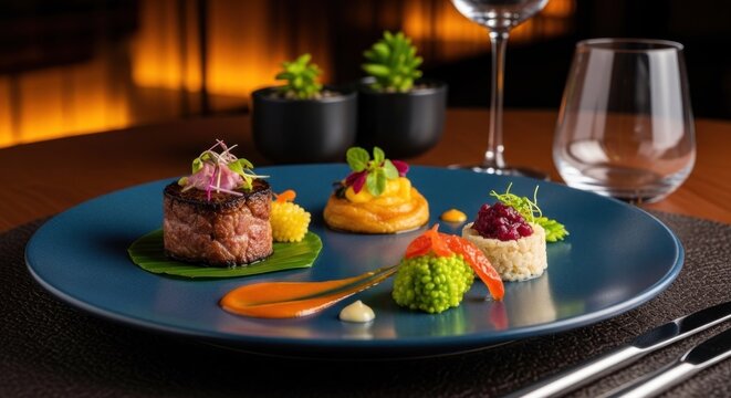Gourmet meal on a blue plate, featuring steak, vegetables, and artistic arrangements