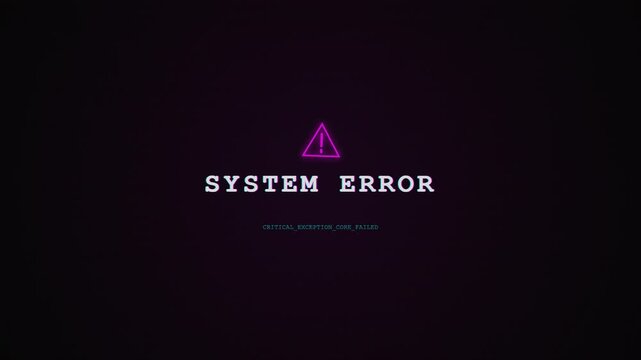 System error notification flashing on a dark screen with glitch text and a warning triangle icon representing software failure and digital breakdown in a computer network environment