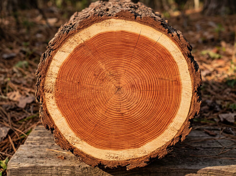 A cross section of a tree trunk reveals the detailed growth rings of the wood.