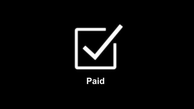 Minimalist paid status animation featuring a clean white checkmark inside a square box on a solid black background, financial transactions, e-commerce confirmations, and ui