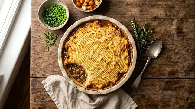 A top-down view of a classic shepards pie served in a ceramic dish on a rustic wooden table with fresh side ingredients