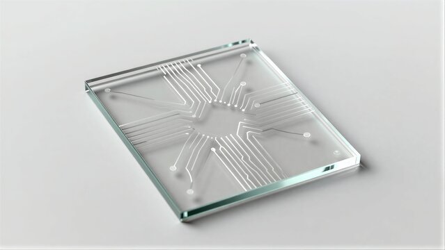 Transparent glass panel with intricate etched circuit patterns and small spherical indentations.