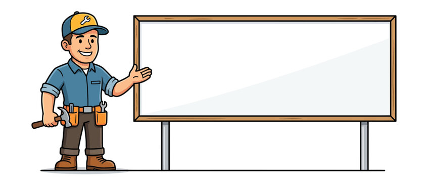 Cartoon handyman presents blank billboard for advertisement