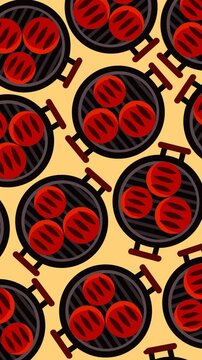Animated seamless pattern featuring grilled sausages on black barbecue grills with a warm yellow background
