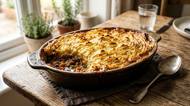 A delicious homemade shepards pie served in a rustic stoneware baking dish on a wooden table near a window at home