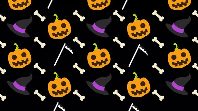 Halloween seamless pattern loop with spooky jackolantern pumpkins and witch hats moving in motion