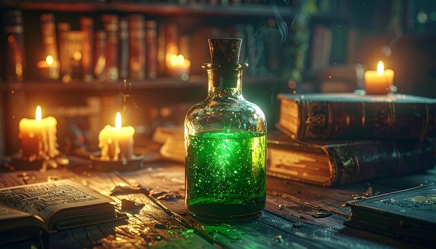 Glowing green magical potion bottle on an old wooden desk surrounded by ancient books and candlelight in a wizard study