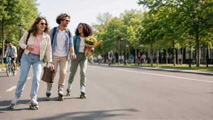 Fototapeta premium Young people on roller skates riding on car free city street. Two women and man skating on green empty road with cyclists in park. World car free day, active eco lifestyle and healthy urban recreation