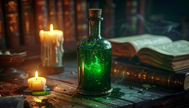 Magical glowing green potion in a glass bottle on an old wooden desk with burning candles and ancient spell books in a dark library.