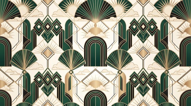 Sophisticated Art Deco repeating pattern featuring green and gold geometric arches and fan motifs, evoking vintage 1920s luxury for wallpaper, textile, and premium packaging design
