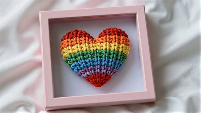 Rainbow crocheted heart in pink frame on soft white fabric background.