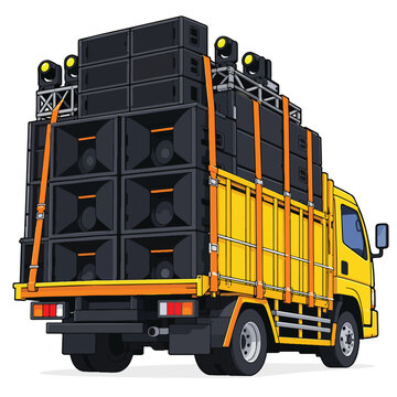 Illustration of a yellow truck carrying a massive stack of professional sound system speakers and stage lights for outdoor festivals