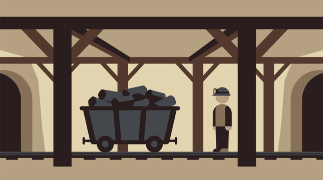 Miner with coal cart in mine shaft entrance industrial illustration