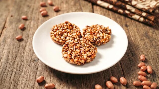 Authentic Indonesian sweet peanut candy enting enting ampyang served on ceramic plate with raw peanuts scattered on rustic wooden table background, traditional java snack dessert culinary concept