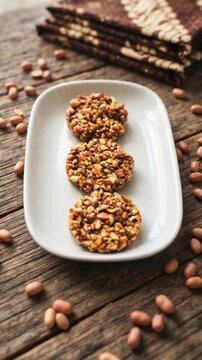 Authentic Indonesian sweet peanut candy enting enting ampyang served on ceramic plate with raw peanuts scattered on rustic wooden table background, traditional java snack dessert culinary concept