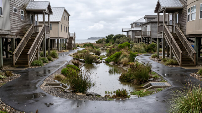 Flood-resilient coastal development with elevated entrances, permeable landscaping and temporary water storage for climate adaptation, urban planning and infrastructure communication.