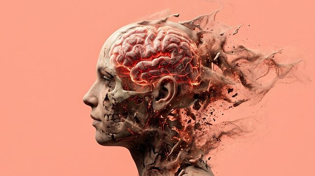 Human head with glowing brain and crumbling particles