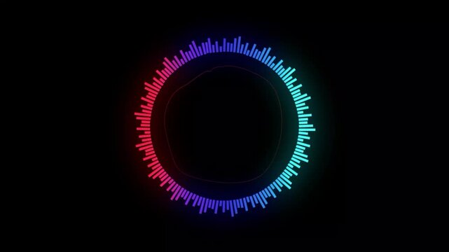 Glowing colorful circular audio equalizer motion graphic footage moving dynamically on dark background