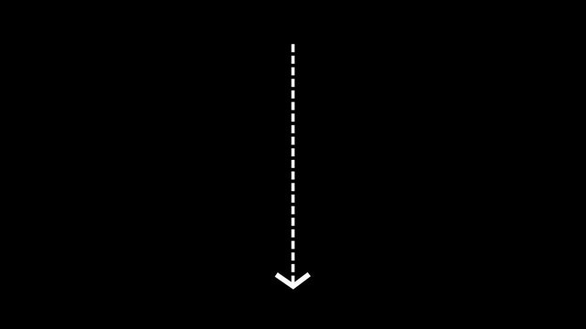 Down arrow direction icon with dotted line animation on black background. dot arrows icon sign animated 4K video