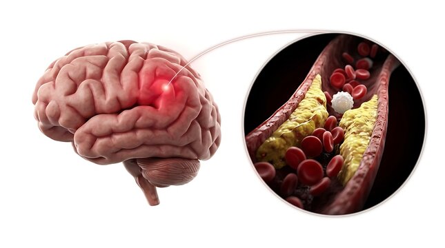 Brain stroke and blood vessel with cholesterol plaque