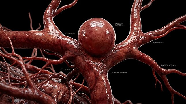 Cerebral artery network with saccular aneurysm