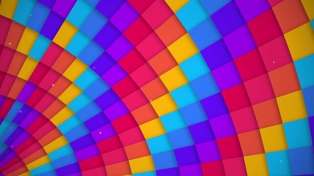 Vibrant rainbow mosaic background, colorful geometric square pattern animation. Abstract multi-colored tiled texture with radial motion. Bright psychedelic digital art for creative video. High
