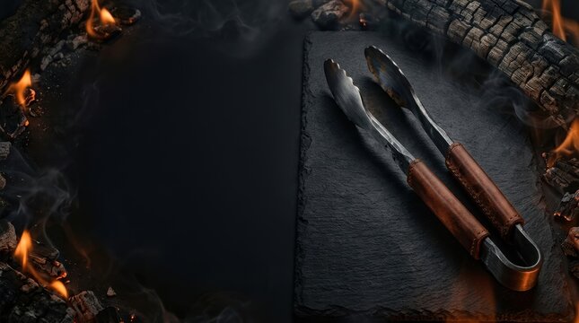 Barbecue tongs with leather handles on black slate board with burning charcoal and smoke, dark aesthetic photography for grill background