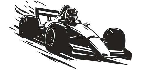 Fototapeta premium Black silhouette of a formula one race car speeding with motion lines isolated on white background d