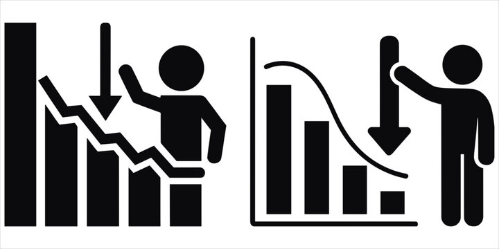 Two black showing a person standing next to a bar chart with a downward trend arrow on display graph