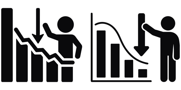Two black showing a person standing next to a bar chart with a downward trend arrow on display graph