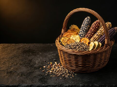 Heritage Indigenous Harvest Still Life with Heirloom Corn and Wild Rice in a Wicker Basket on Dark Stone Surface, Premium Advertising Background with Negative Copy Space