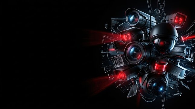 Dark Futuristic Surveillance Banner with Multiple Security Cameras, Glowing Red Infrared Sensors, and Digital UI Elements on Black Background with Negative Space for Text