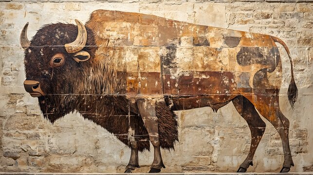 Ancient cave painting mural depicting large bison figure rendered in earth tones on textured stone wall.