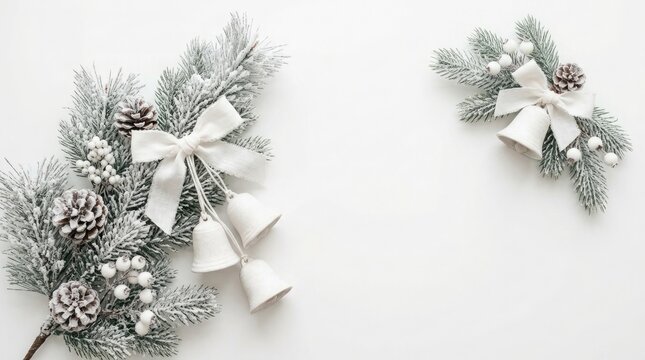 Christmas white decorative bells and ribbons on snowy pine branches against white background with holiday decor winter decoration christmas tree