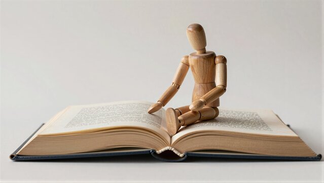 Wooden figure sits atop open book, symbolizing learning and knowledge.